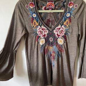 Johnny Was Bell Sleeve Cotton Embroidered Top
